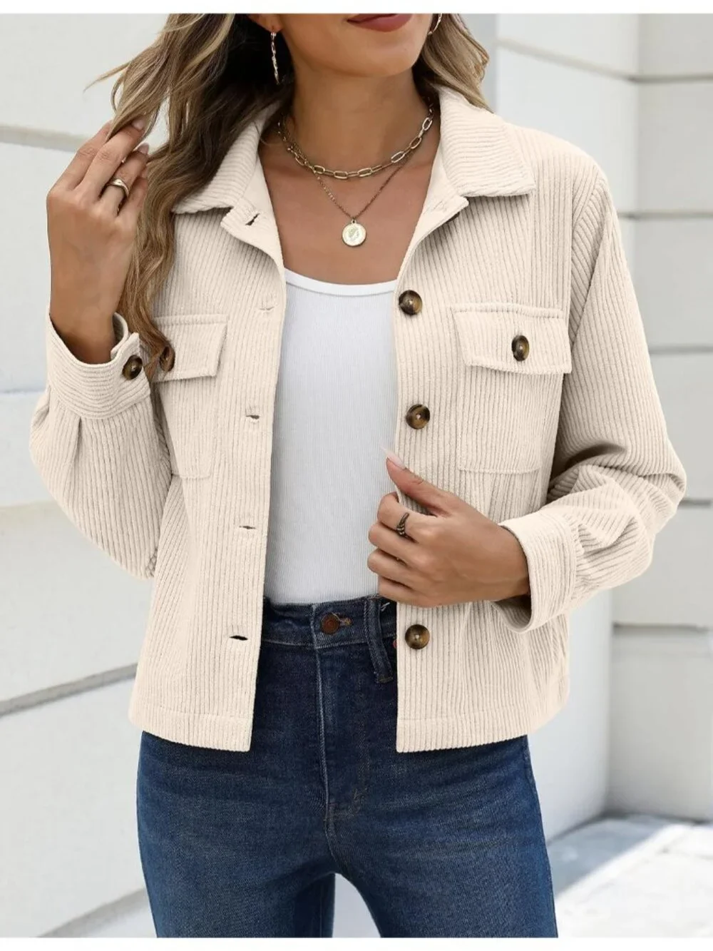 Women's Beige Fashion Cropped Corduroy Button Down Long Sleeve Trendy Jacket